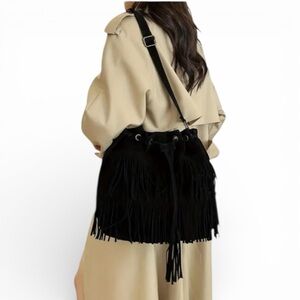 Urban Chic Black Fringe Corduroy Bucket Bag With Crossbody Strap New